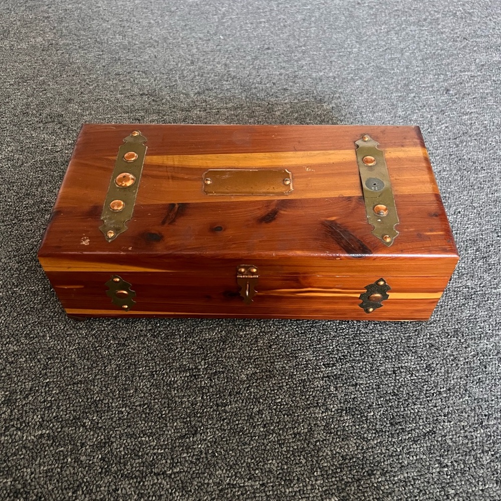 Vintage 1900s Wooden Storage Box with Brass Accents